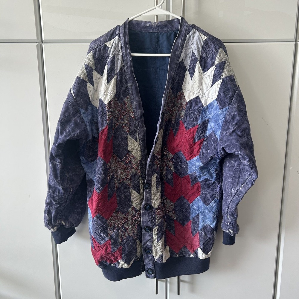 Vintage Quilted Patchwork Star Paisley Jacket Blue Red Oversized Boho Coat